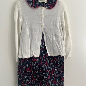 JoJo Maman Bebe Navy Dress with Red Print and White Cardigan